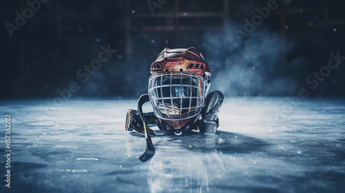 On-Ice Safety Gear. A solitary ice hockey helmet rests on the rink.