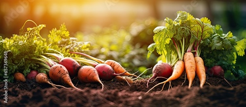 Organic vegetables harvested in a garden fresh carrots beets and potatoes With copyspace for text