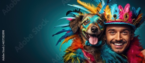 Dog and owner in festive costumes for Mardi Gras With copyspace for text