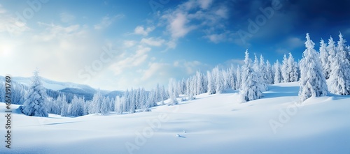 Aesthetic ultrawide view displaying the serene beauty of delicate snowflakes gently falling over the pure, untouched snowdrifts