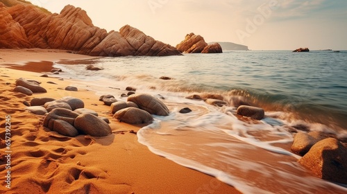 Generative AI : Sand, sea beach and rocks. Nature beach landscape full of rocks on a summer day. The golden rocks enter in the silky ocean. Effect of tranquility achieved with long exposure. rocky ama
