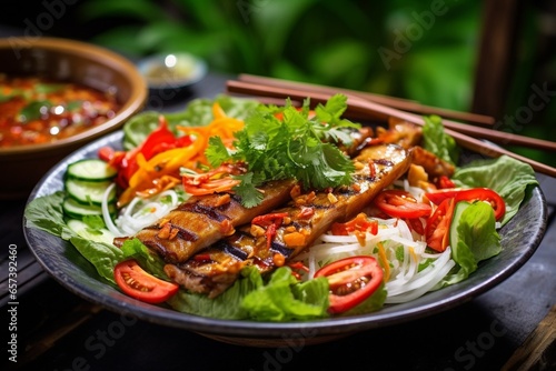 Generative AI : Close up on traditional Vietnamese salad with eel meat & vegetables.Spicy exotic dish from Vietnam.Enjoy natural fresh ingredients.Gourmet diet food