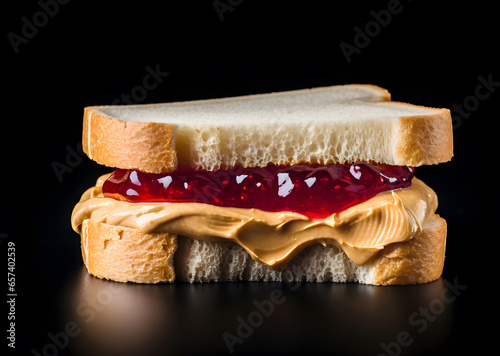 A loaded peanut butter & jelly sandwich on white bread with creamy PB and raspberry jelly.