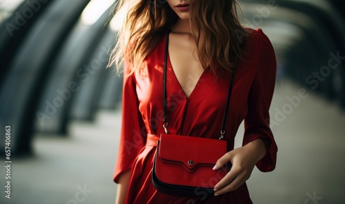 Mujer joven con un vestido elegante de color rojo y un bolso a juego