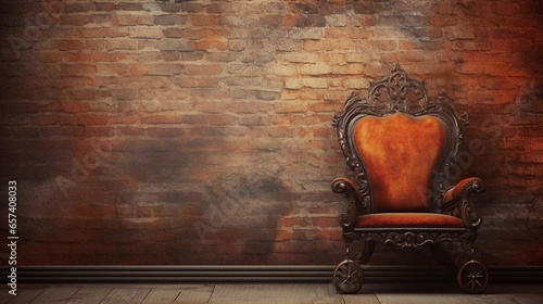 Close-up image of a beautiful artistic antique chair with space for text and clean vibrant brick wall textured background, background image, AI generated