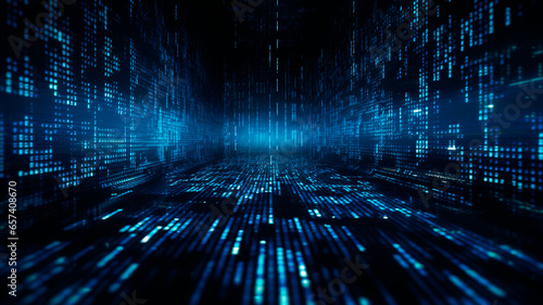 composition featuring vibrant blue binary data displayed against a computer screen background, evoking the iconic Matrix style. Generative AI
