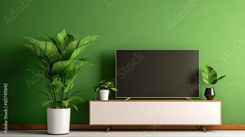 Modern TV cabinet on a plain green wall in the living room