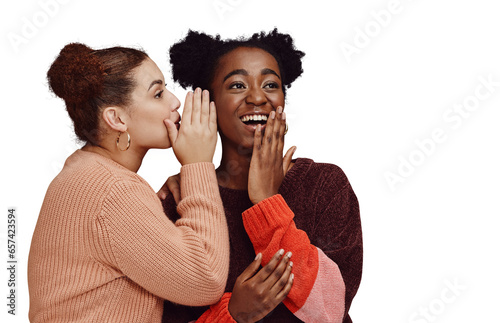 Gossip, friends and women laughing together at secret joke on png transparent background with smile on face. Comic, rumor and whisper in ear, black person with happiness talking to girl with humor