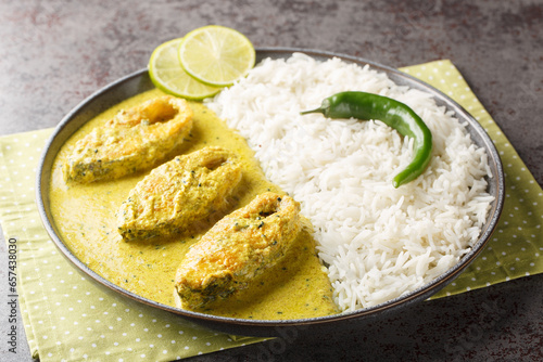 Hilsa fish in Mustard Sauce or shorshe Ilish served with white rice closeup on the plate on the table. Horizontal