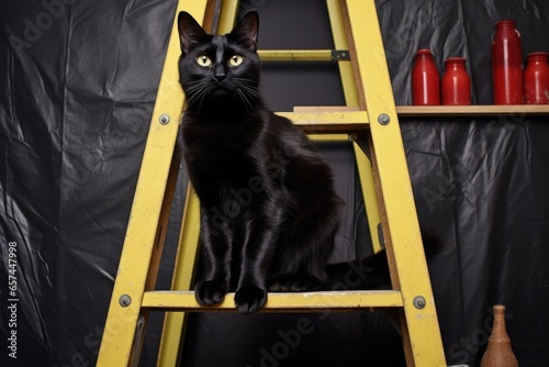 a black cat crossing under a ladder