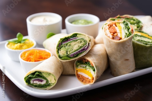 trio of mini wraps with different fillings on a long tray