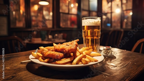 Delicious fish and chips with beer on a wooden table in a cozy pub