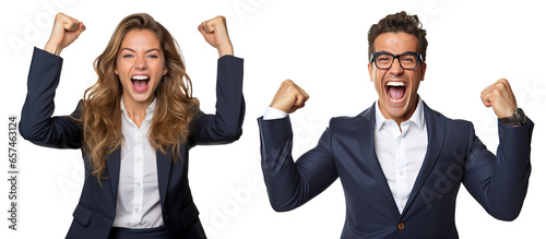 emotional, happy, excited, cheering businessman and businesswoman celebrating. on transparent background