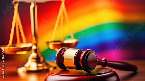 Judge's gavel against the background of a rainbow flag and scales of justice