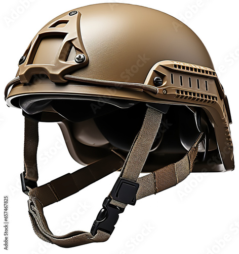 Bulletproof modern military ballistic helmet in sand color with chin strap. Isolated transparent background