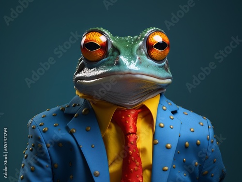 Man Frog Anthropomorphic Serious stupid Person in clothes: suite and tie. Business Concept