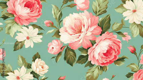 classic wallpaper seamless vintage flower pattern on green pastel background generative ai