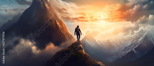 Digital Art Portraying a Person Climbing a Mountain, Generative AI
