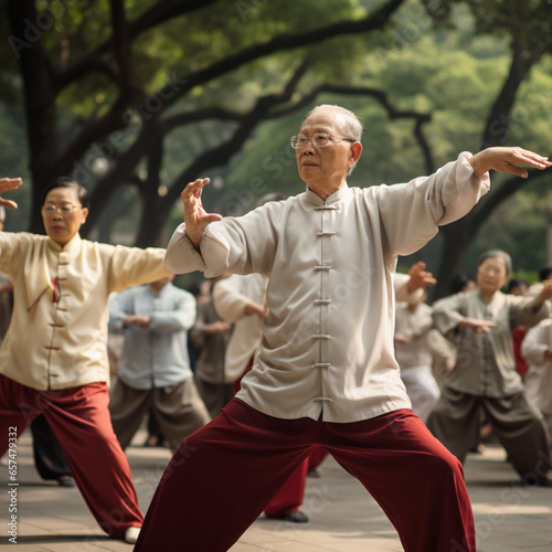 People doing Tai Chi in the park.