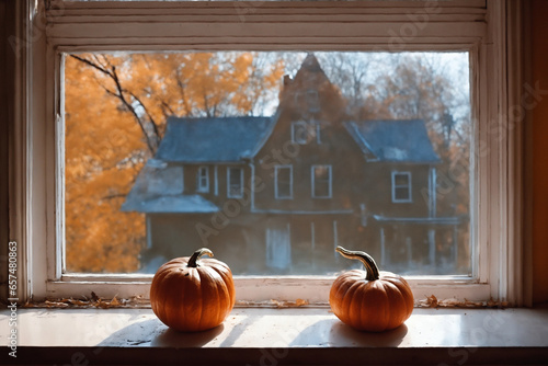 for halloween holiday, pumpkins on a windowsill and home with autumn landscape outside window, still life, festive background