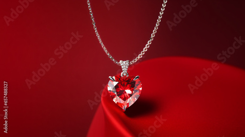 Luxury heart necklace with stylish diamonds on red background