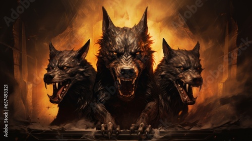 Illustration of Cerber hound of Hades, guardian of the underworld. A scary fierce beast dog with three heads. A frightening dog, Cerberus, Guardian of hell, with fire.