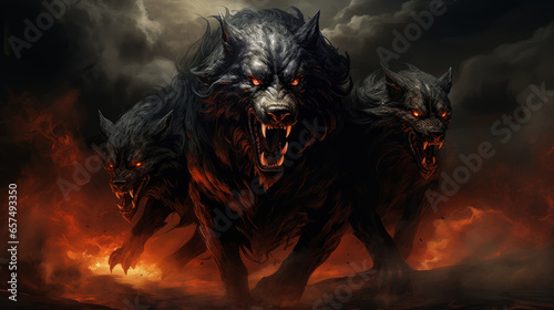 Illustration of Cerber hound of Hades, guardian of the underworld. A scary fierce beast dog with three heads. A frightening dog, Cerberus, Guardian of hell, with fire.