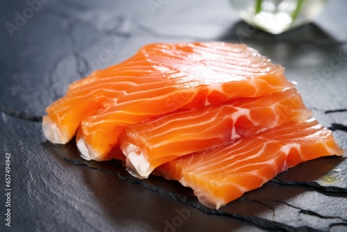 slices of smoked salmon presented on a glacial background