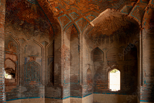 Beautiful mughal era carved sandstone tomb of Isa Khan Tarkhan II in UNESCO listed Makli necropolis, Thatta, Sindh, Pakistan