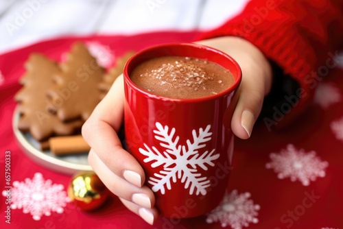 hand carrying a gingerbread latte in a red holiday mug
