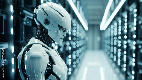 Data center with multiple rows of fully operational server racks room with white robot checking generative ai