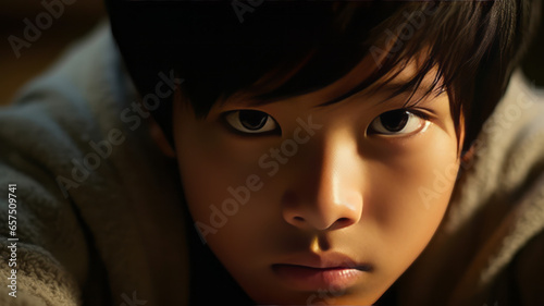 Light toned stock photo. worried asian 14 y boy generative ai