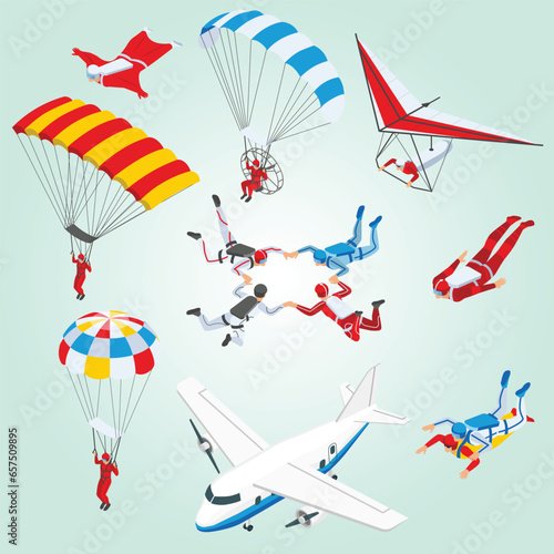extreme sports isometric set sportsmen flying sky space by paraglider parachute hang 3d isolated vector illustration