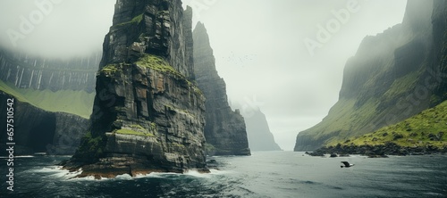 A narrow expanse of seawater meandering between rocky islands adorned with lush green vegetation, all under a cloudy sky with birds in flight. Photorealistic illustration