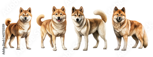 Shiba inu and akita dog, sitting and standing. Isolated on transparent background