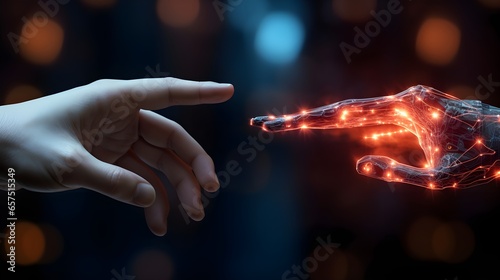Convergence of Humanity and Technology, Robot and Human Hand Connection. generative ai
