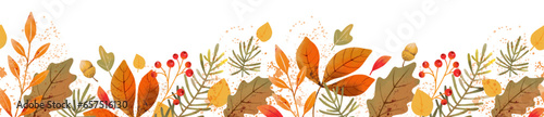 Autumn floral border. Seamless horizontal pattern with hand drawn watercolor leaves. Decoration for Fall, Thanksgiving and Harvest Day design. Vector