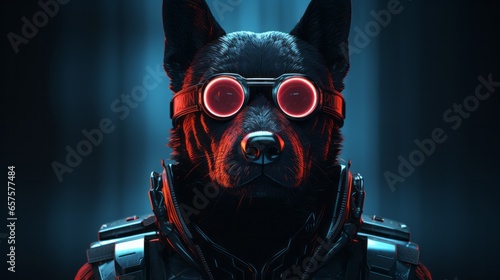 A cyberpunk black dog stares out with a fierce intensity, its red and black glasses hinting at an underlying mischievousness