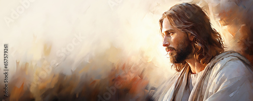 Christian banner with copy space of Jesus Christ oil painting style art