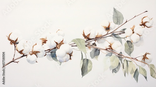  a branch with cotton flowers and leaves on a white background. generative ai