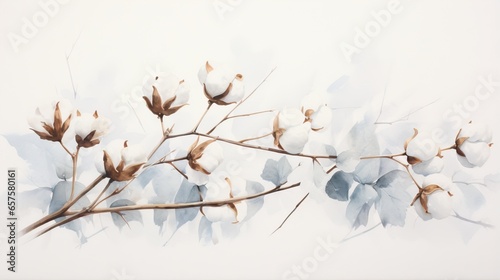  a branch of cotton with white flowers and brown leaves on it. generative ai