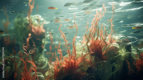 dynamic and natural seaweed, coral and small fish, digital art, generative cinematic color gradations ai