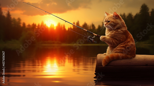 Cute ginger cat fishing with a rod on the lake against the background of sunset