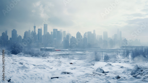 Snow-covered city skyline with skyscrapers in winter