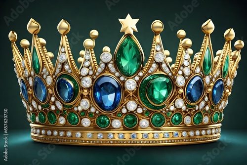 Generate an image of a regal crown adorned with shimmering diamonds, emeralds, and sapphires fit for royalty