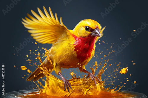 An vibrant photograph of a Canary splashed in bright paint, contemporary colors and mood social background. 