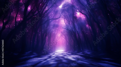 A purple and blue forest with a light at the end of the tunnel