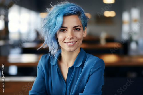 portrait of smiling young woman with dyed blue hair in office