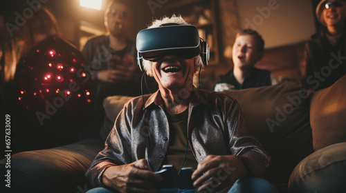 Happy family gamer of little granddaughter and grandparents in vr glasses playing video games enjoy virtual world in living room. Entertainment technology online together at home.