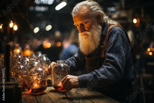 Skilled glassblower creating intricate beer steins at a craft stall, Generative AI 